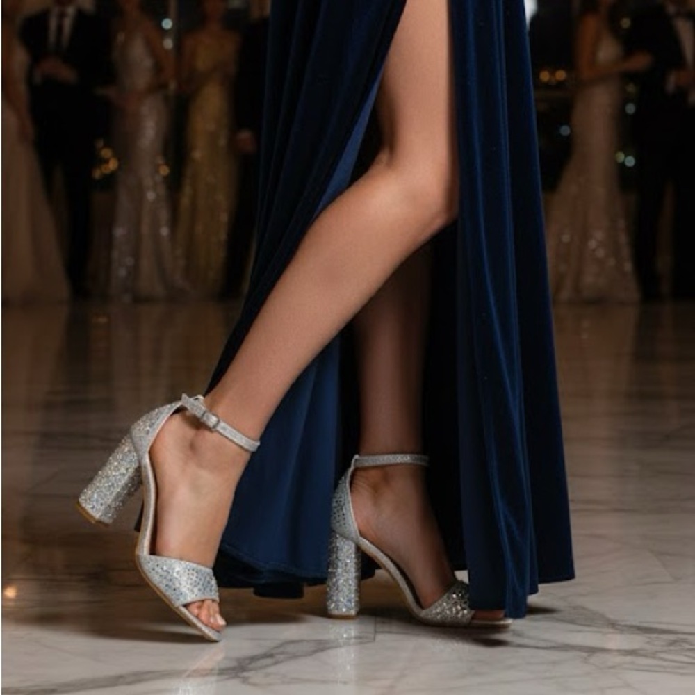 Silver Rhinestones Open Toe Heels - Picture 2 of 6